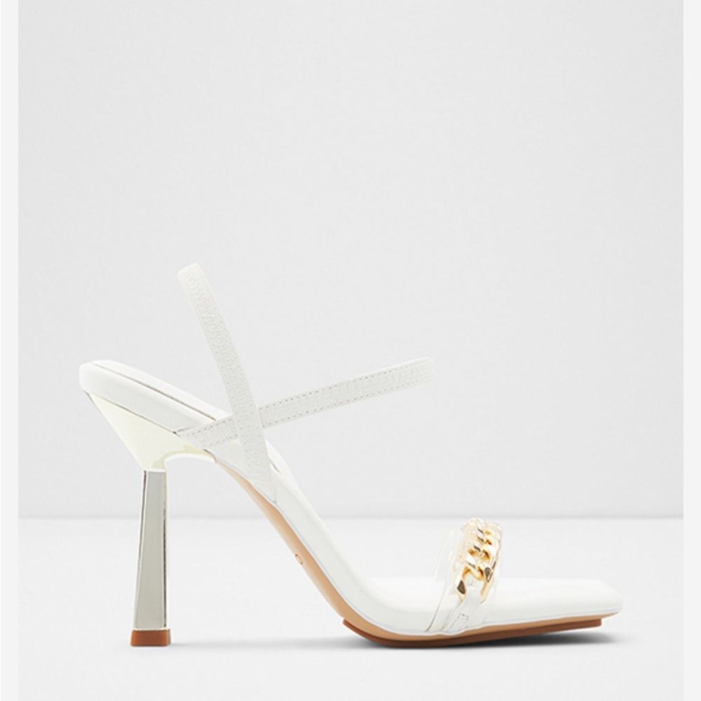 ALDO White Strappy Heels with Gold Chain Detail & Sculpted Mirror Heel – Size 7